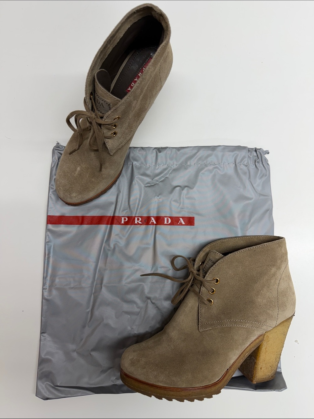Prada Ankle Boots Suede Bootie Block High Heel Lug Sole Brown Lace Up Size 7.5
